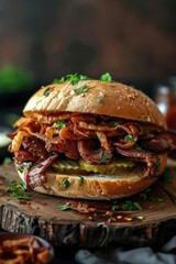 sandwich with thinly sliced roast beef, horseradish, pickles, and crispy fried onions