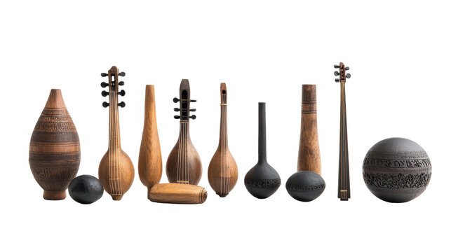 A collection of various traditional musical instruments. transparent background