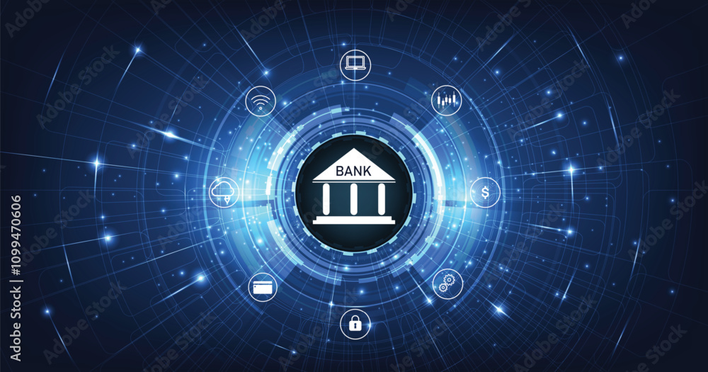 Poster online banking technology concept.isometric illustration of bank on electric circuit lines backgroun