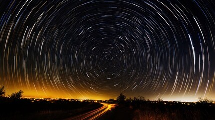Unusual beautiful patterns of stars swirling above a quiet valley illuminated by town lights at night