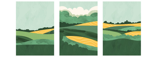Unique abstract design green rice farm landscape with minimal vector pattern. Modern vintage illustration blends nature, ecology, agriculture, summer travel brochure, magazine cover, eco card, collage