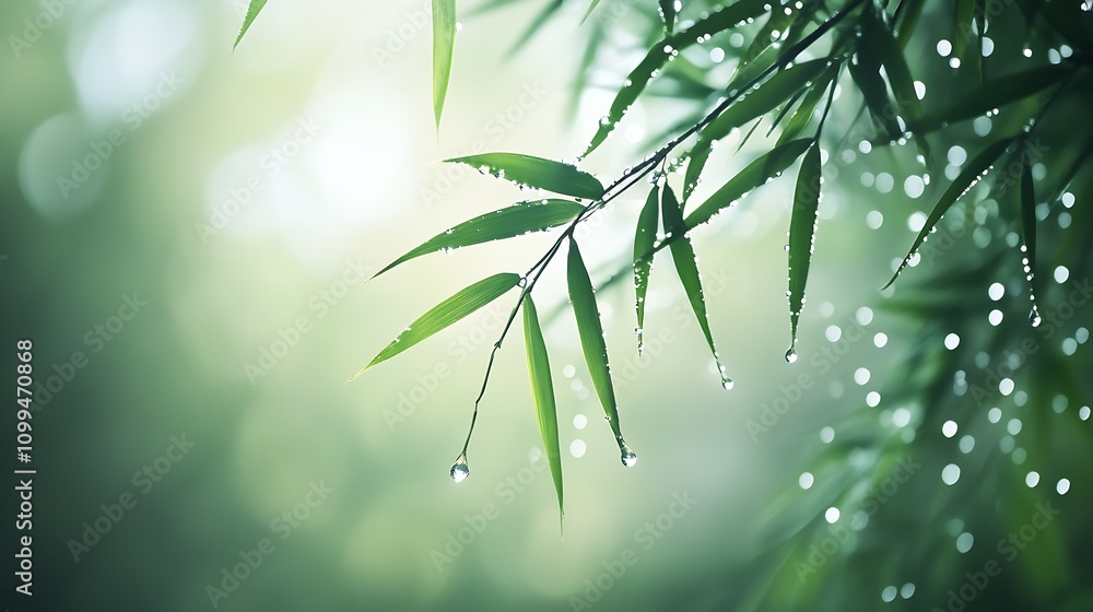 Poster closeup of bamboo leaves with dew in a peaceful green nature background for calm and relaxation : ge