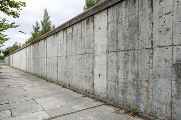 Faded gray cement wall with worn-out finish and visible mortar joints, aged appearance, textured, urban decay, worn finish, worn cement