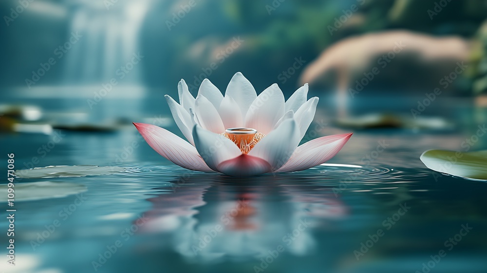 Poster serene water lily floating gracefully in tranquil pond waterscape : generative ai