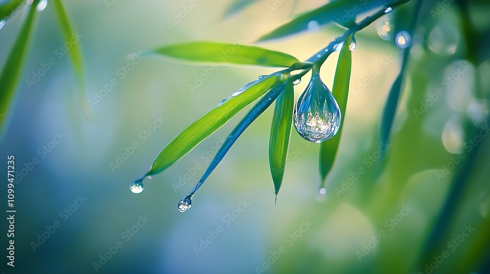 Poster closeup of bamboo leaves with dew drops reflecting sunlight in a tranquil green natural background s