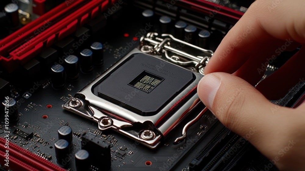 Poster a hand placing a cpu onto a motherboard in a computer assembly process.