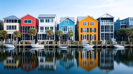 Obraz premium Colorful waterfront houses with palm trees and boats reflecting in the calm water under a clear blue sky.