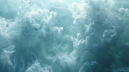 Abstract teal and white swirling ink in water.