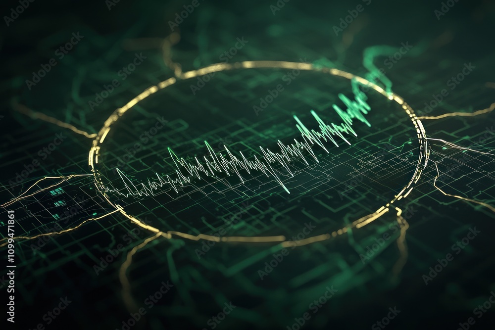 Poster dynamic sound wave visualization digital realm graphic design abstract environment close-up view inn