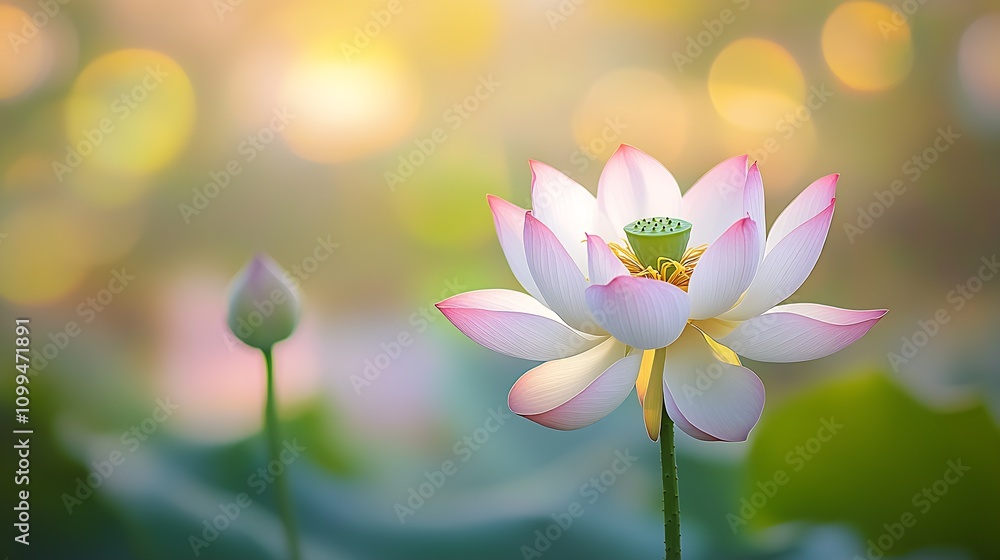 Poster Beautiful Lotus Flower Blooming with Soft Bokeh Background in Tranquil Pond Setting : Generative AI