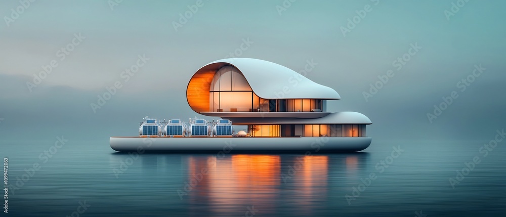 Poster floating desalination facility in the open ocean featuring an expansive platform supporting a networ