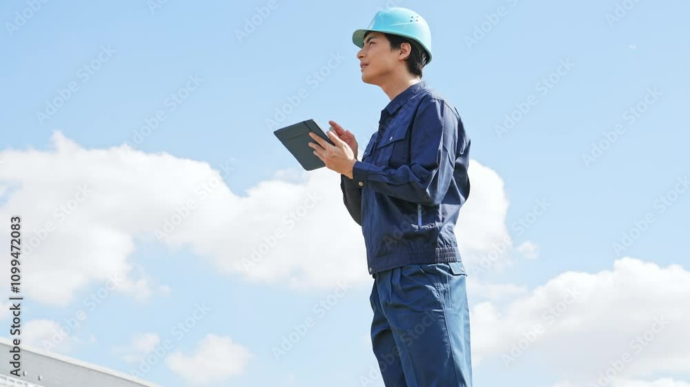 Poster エンジニア、工場、タブレット、男性、ビジネス、技術者、建設、DX、テック、倉庫、作業員、工事、現場、日本人、青空、ビル、建物、デジタル、テクノロジー、環境、マンション、物流、産業、製造業、解体、ネットワーク、IIoT、IoT、システム、ERP、WMS、ICT、IT、AI、メンテナンス、点検、検査、仕事、電力、発電、インフラ、安全、ヘルメット、未来、データ、通信、建築、設計、作業服、人物