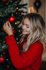 A joyful woman in a cozy red sweater carefully adorns a lush Christmas tree with sparkling ornaments and twinkling lights, embracing the festive spirit.