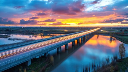 Obraz premium A scenic sunset view of a bridge reflecting in water, showcasing vibrant colors and tranquility.