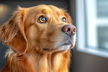 Golden Retriever dog looking out window, curious expression.