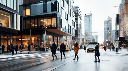 Urban scene with people crossing a snowy city street surrounded by modern glass buildings in winter