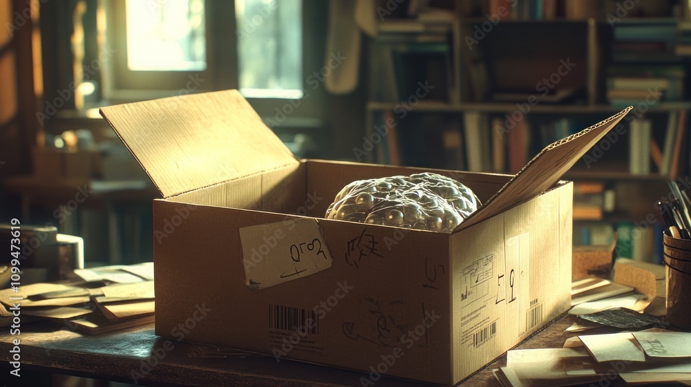 Aufkleber an open cardboard box containing a spherical object, surrounded by scattered papers.