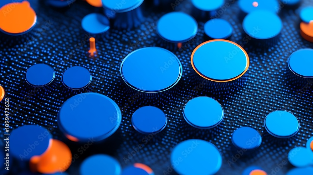 Poster abstract 3d rendering of circular geometric shapes in vibrant blue and orange colors against a dark 