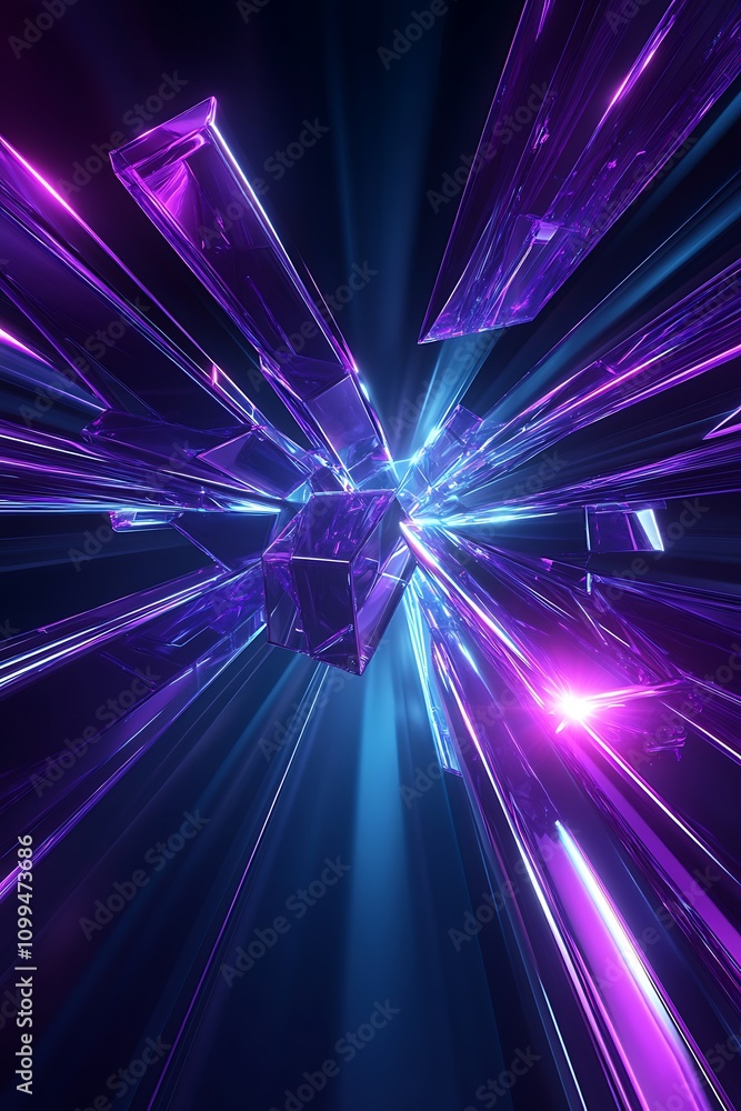 Poster abstract 3d rendering of geometric crystals in purple and blue light creating a dynamic and futurist