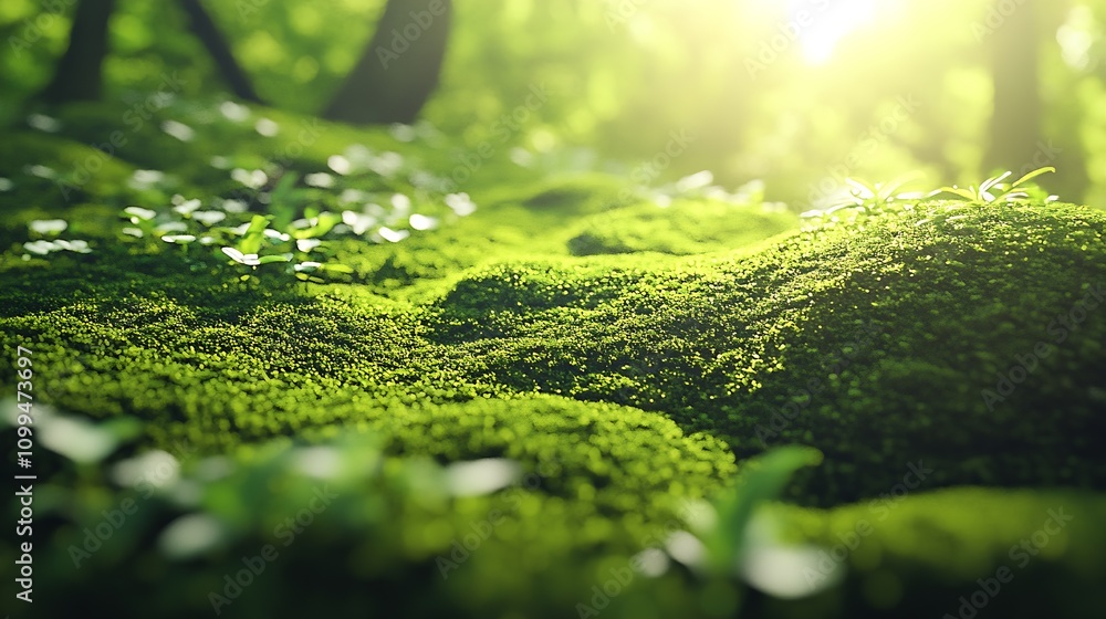 Poster serene forest meadow with sunlit moss and lush greenery in tranquil wilderness : generative ai