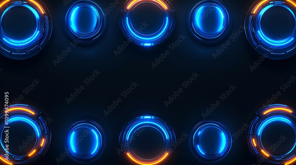 Aufkleber abstract background with glowing circles and neon light effects in blue and orange shades creating a