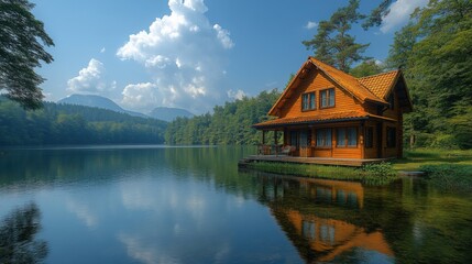 Obraz premium Nestled on the lakeshore, this inviting cottage offers a serene escape amidst beautiful nature, perfect for relaxation on a sunny day with gentle breezes.