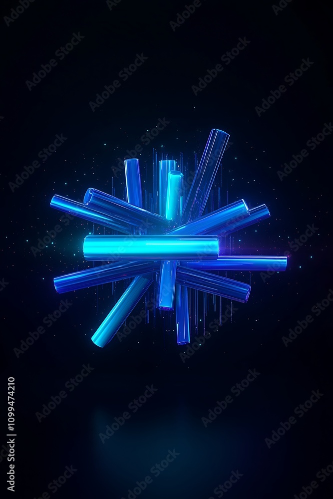 Poster abstract blue neon tubes and light rays arranged in a dynamic pattern against a black background, cr