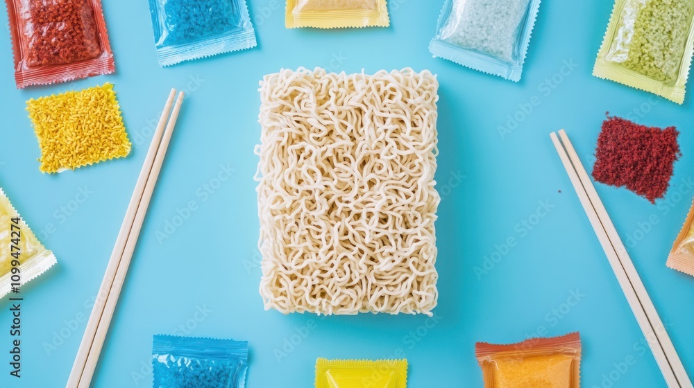 Poster a block of instant noodles surrounded by colorful seasoning packets and chopsticks.
