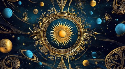 Astrological Clock with Sun at the Center, Surrounded by Planets and Encased in a Golden Frame with Intricate Arabesques, Set Against a Blue Universe Background.
