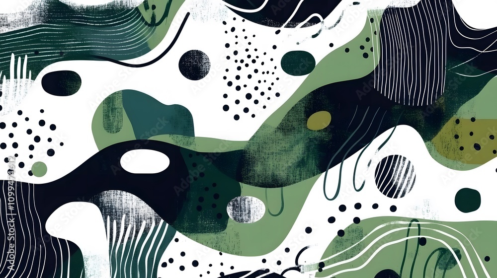 Poster abstract colorful design featuring fluid shapes and textures in green, black, and white with unique 