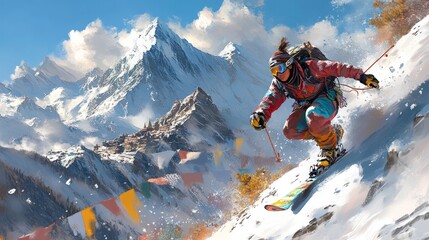 Skier carving down snowy mountain slope, majestic peak backdrop.