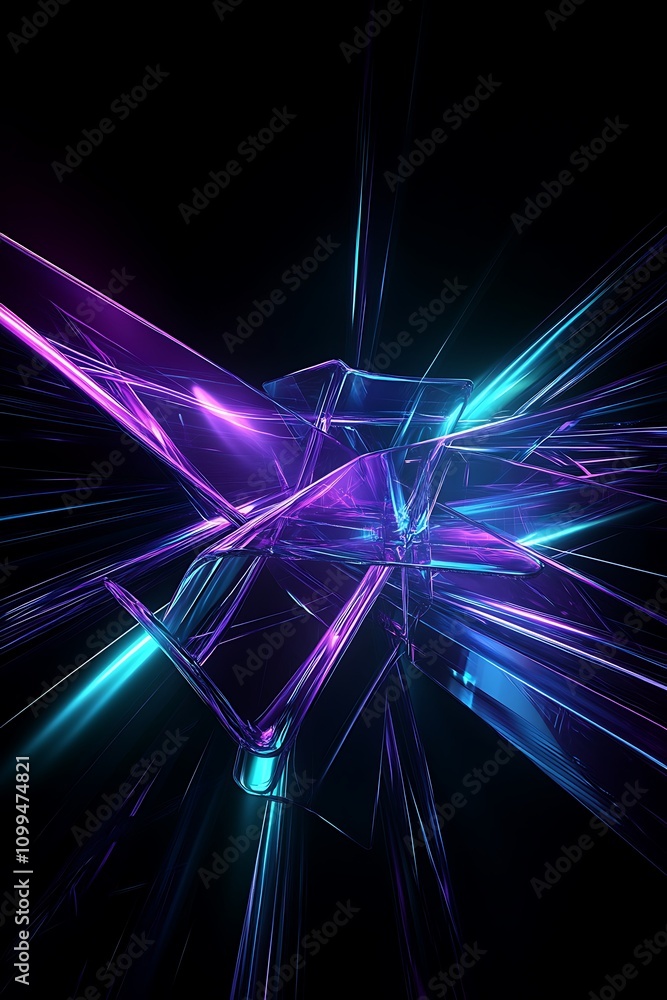Poster abstract colorful glass sculpture with sharp edges and luminous reflections on a black background, c