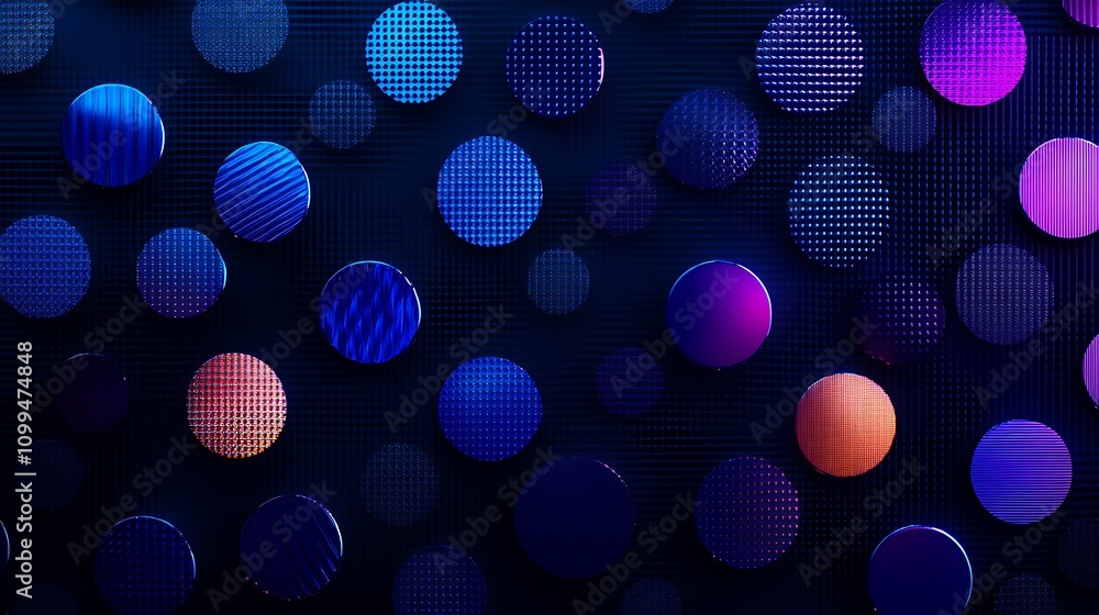 Poster abstract colorful circles on dark background forming a dynamic composition with varying textures and