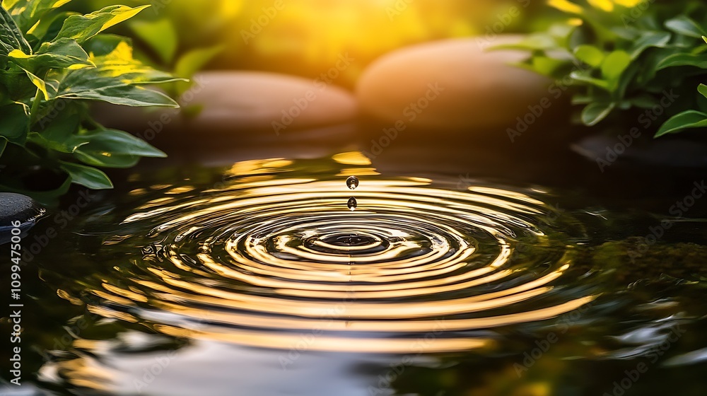Poster serene water ripple with sunlit reflections and surrounding nature : generative ai