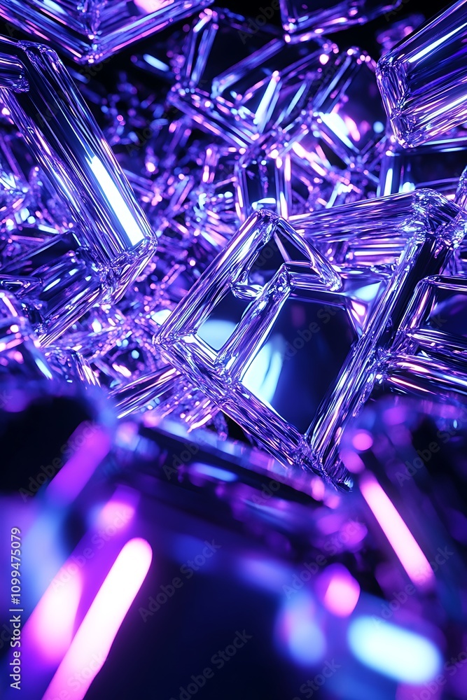 Poster Abstract composition featuring shimmering glass-like shapes with vibrant purple and blue lighting, creating a visually striking luminous pattern and texture in a dark environment.