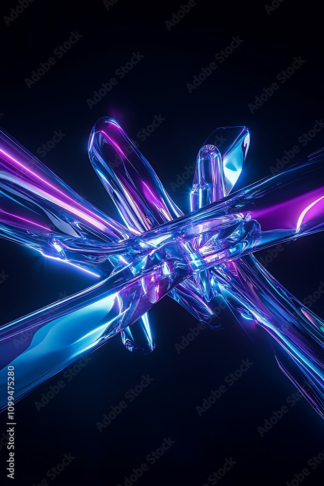 Poster abstract composition of colorful light beams intertwined in a dark space, vibrant surfaces reflectin