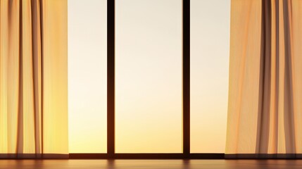 Fototapeta premium A soft-lit modern living room featuring a blank wall framed by tall windows with flowing sheer curtains