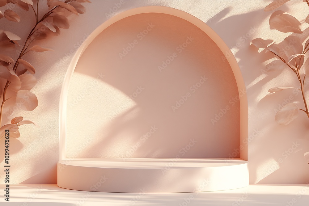 Poster minimalistic elegant arch with soft natural tones and artistic leaves background : generative ai