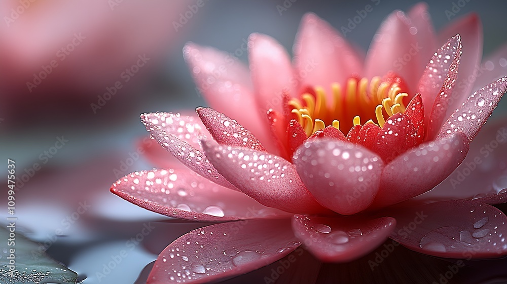 Poster beautiful macro capture of pink lotus flower with dewy petals in tranquil nature : generative ai