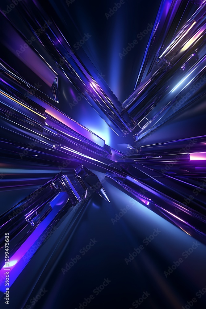 Poster abstract composition of vibrant crystal structures with glowing facets, dynamic light rays, and a fu