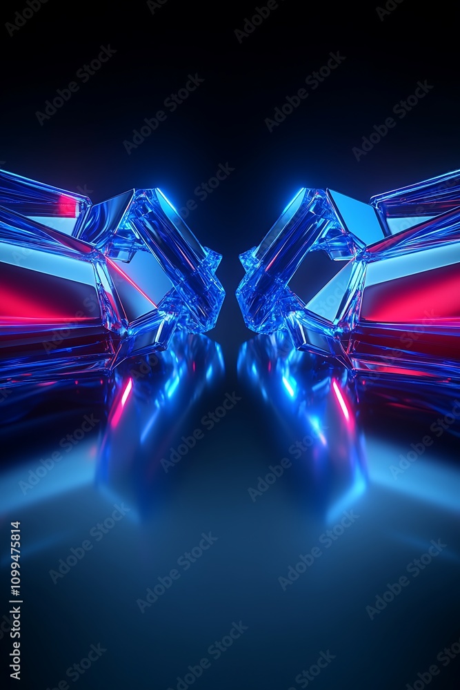 Poster abstract composition with two crystal-like shapes reflecting vibrant blue and red lights, emphasizin