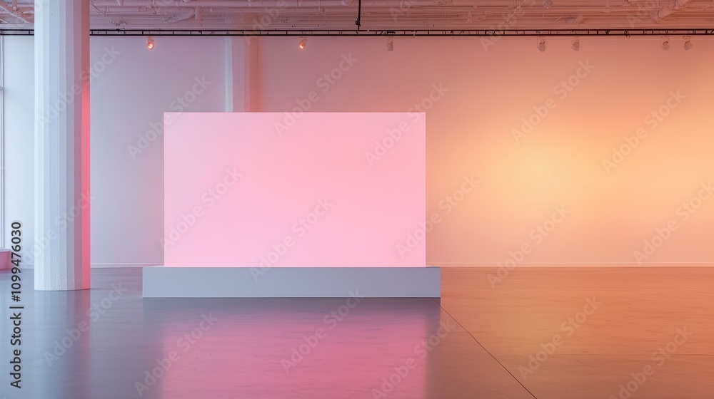 Poster a clean and empty gallery space with glowing floor lights and a central blank exhibition display are