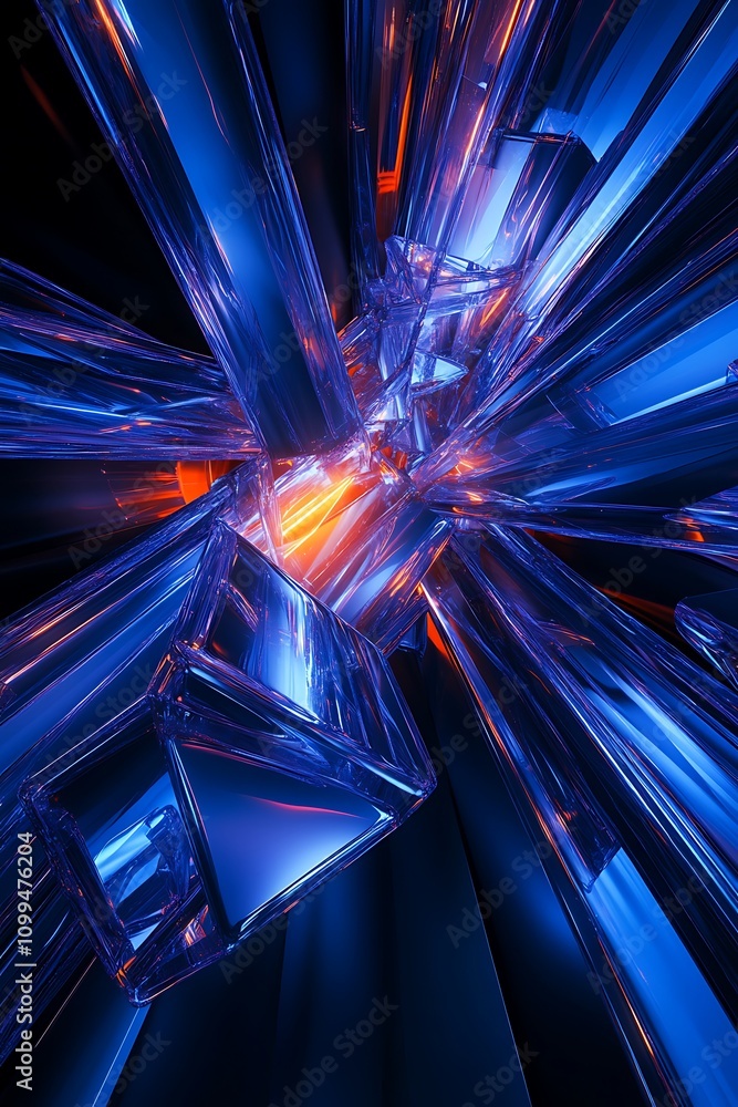 Poster abstract digital art featuring colorful glass-like structures radiating light and energy in a dynami