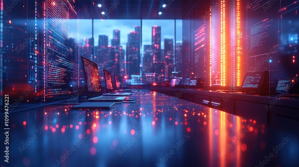 Poster a futuristic office space with a city view and neon lights reflecting off the shiny floor. the walls