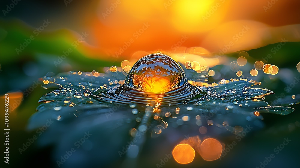 Poster dew-covered leaf with magnificent sunlit raindrop at dawn : generative ai