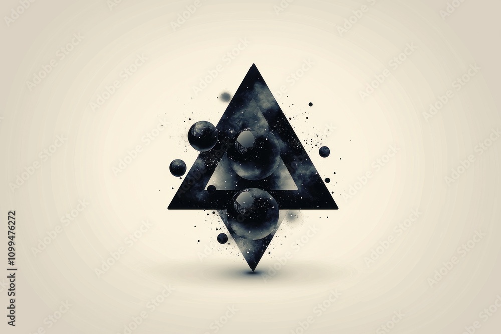Poster dynamic abstract art piece featuring geometric shapes and floating spheres digital design modern aes