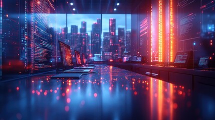Fototapeta premium A futuristic office space with a city view and neon lights reflecting off the shiny floor. The walls are lined with digital screens displaying lines of code.