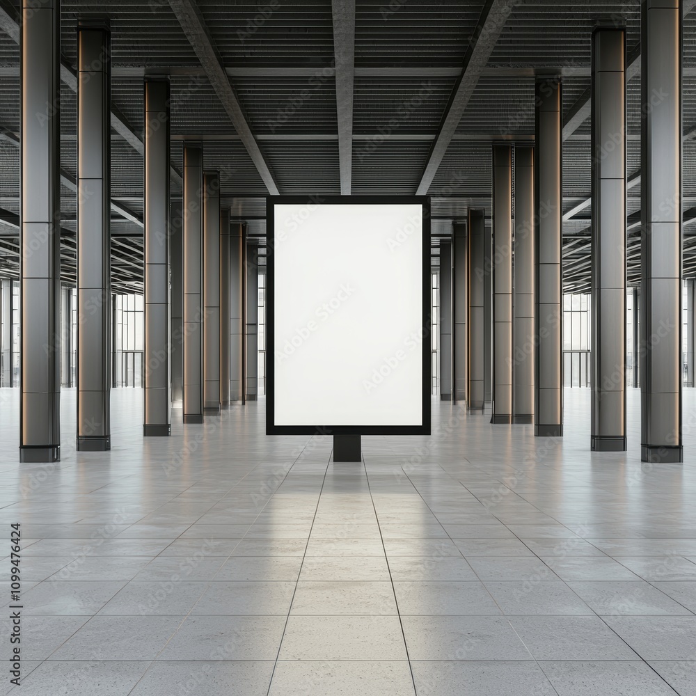 Poster A mock-up of a blank billboard in an urban space surrounded by futuristic metallic architecture