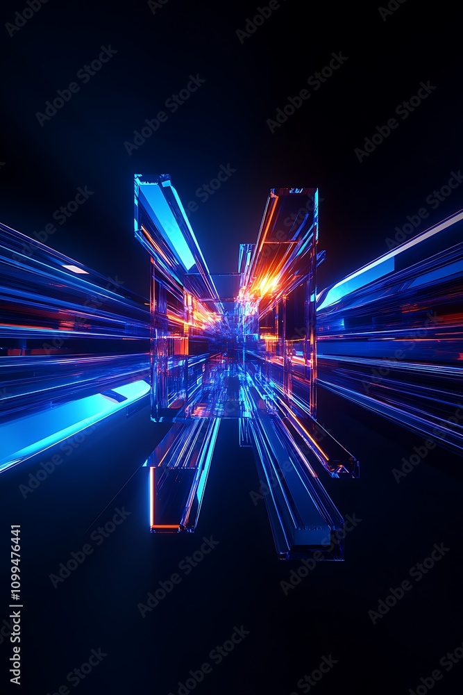 Poster abstract digital art with glowing blue and orange lines creating a futuristic tunnel effect in a dar