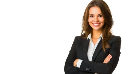 Confident businesswoman portrait of successful young female manager standing with folded arms, smiling cheerfully at workplace, showcasing corporate leadership and professional style in elegant suit